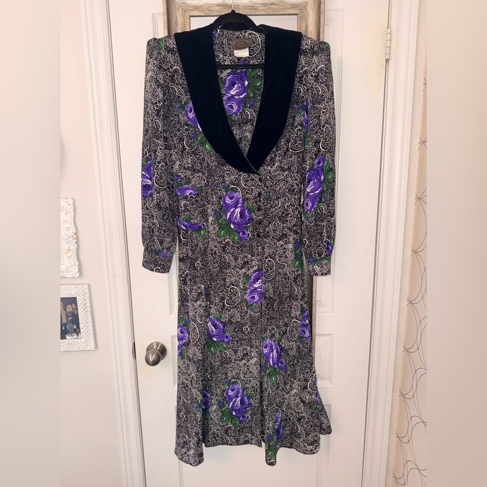 VTG Cami Black Maxi Dress with Purple Rose Print and Green Leaves